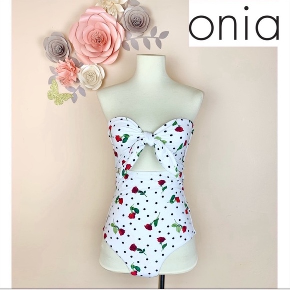 Onia Other - New! Onia “Marie” Polka Dot Rose Print Tie Front Cutout One Piece Swimsuit